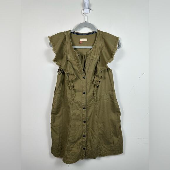 Anthropologie Pilcro Flutter-Sleeve Buttondown Tunic Dress Green Size XS EUC - Picture 2 of 8